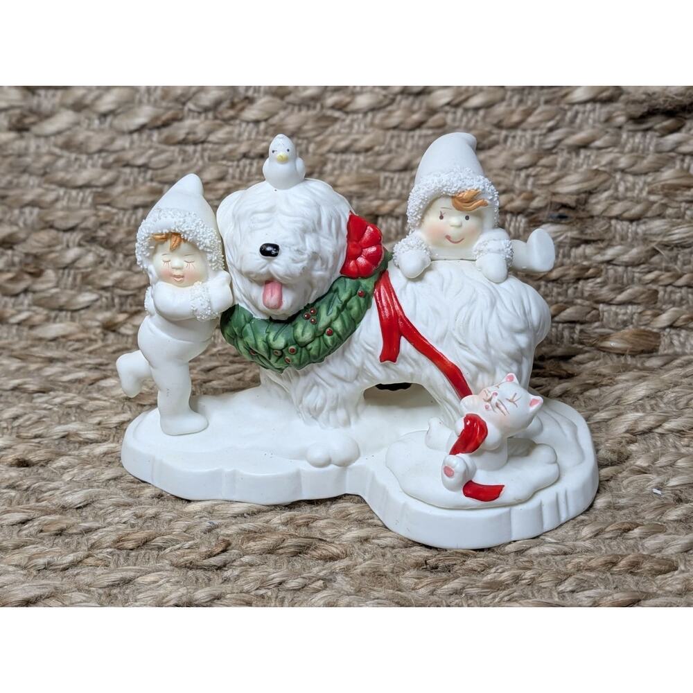 Vintage Tykes On Ice White Dog With Wreath Children Playing, Christmas Figurine